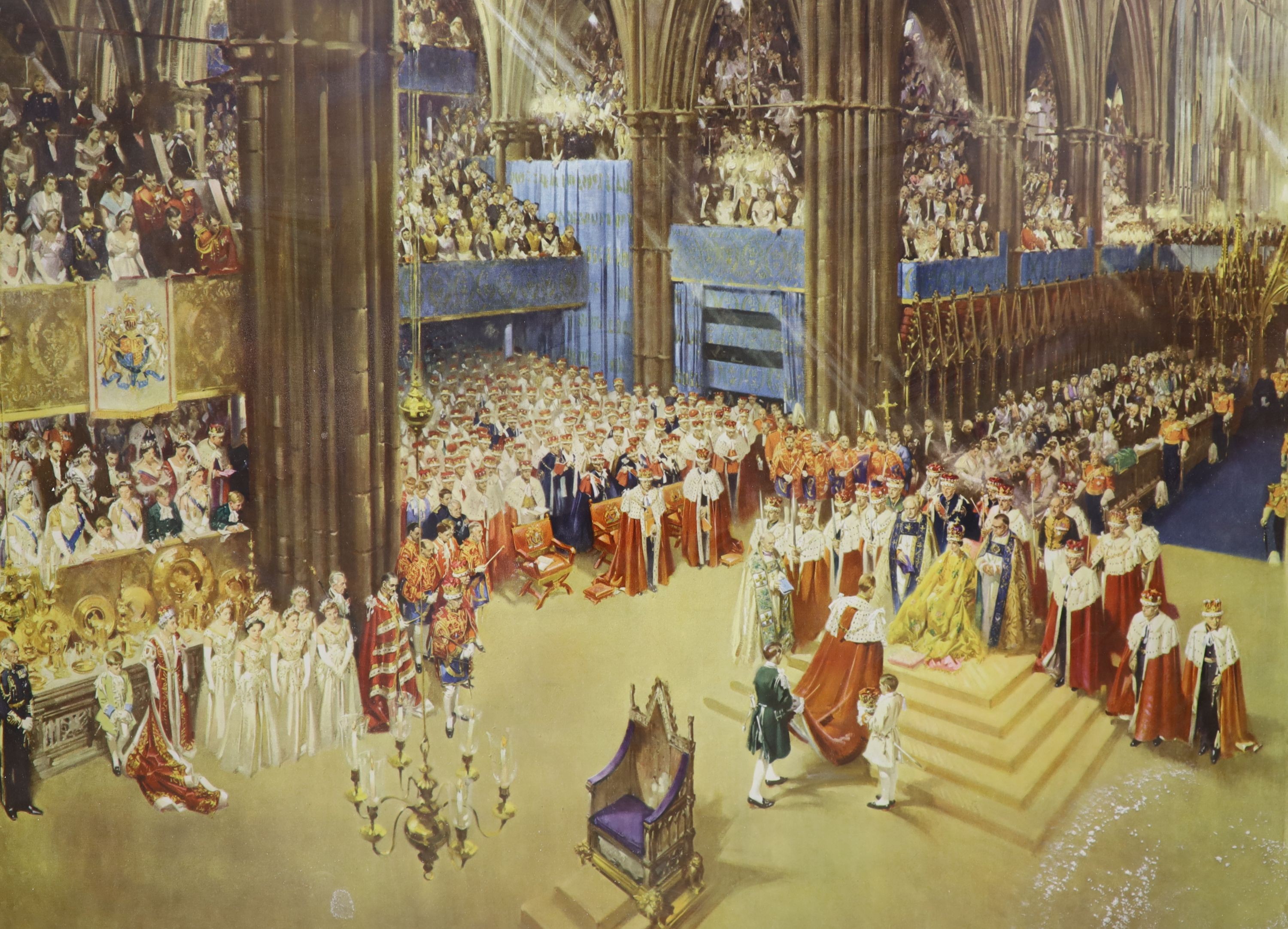 After Terence Cuneo (1907-1996), limited edition colour print, 'The Coronation of Queen Elizabeth II', signed and numbered 317, 69 x 92cm, together with a key to prominent figures